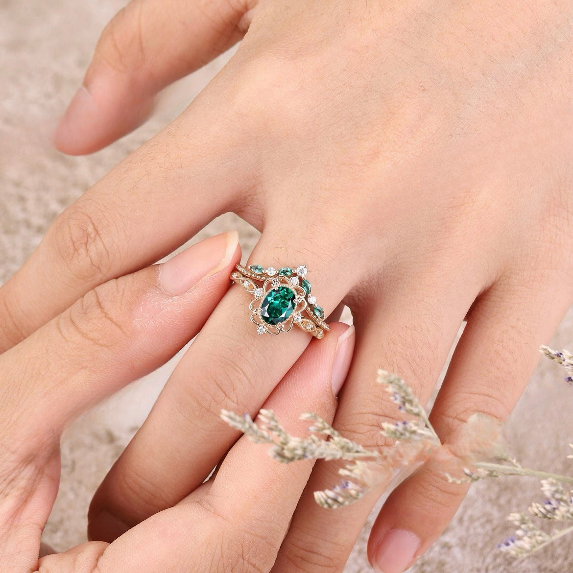 Aurelle Emerald Crown Ring Set | Rose Gold