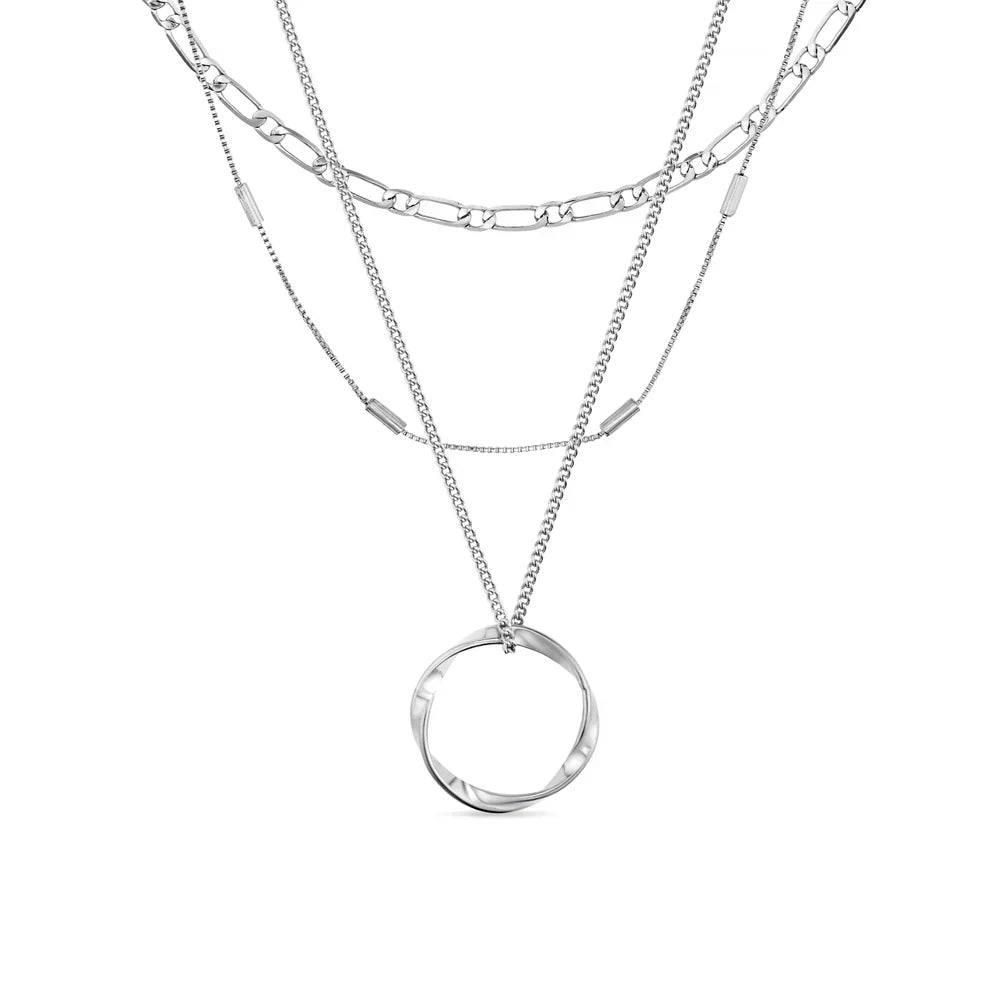 Open Circle Three Row Necklace | White Gold