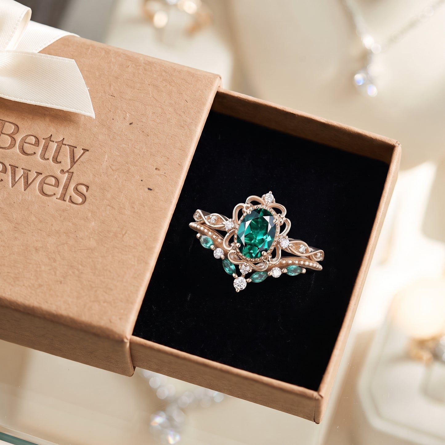 Aurelle Emerald Crown Ring Set | Rose Gold