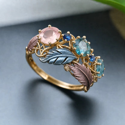 Antique Exotic Feather Crystal Ring | Gold